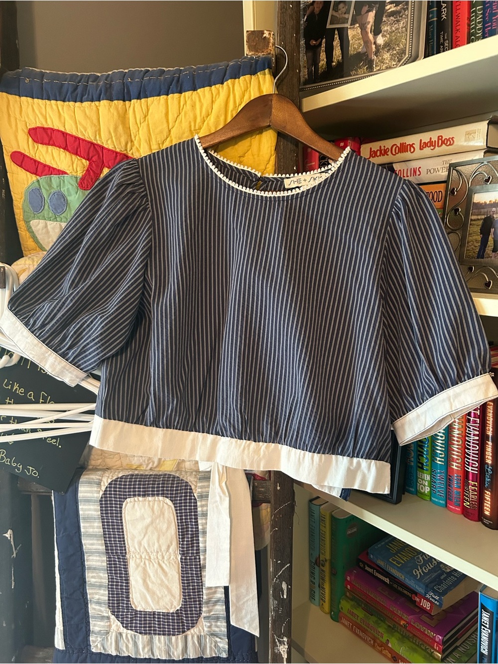 She + Sky Navy and White Pinstripe Cropped Top